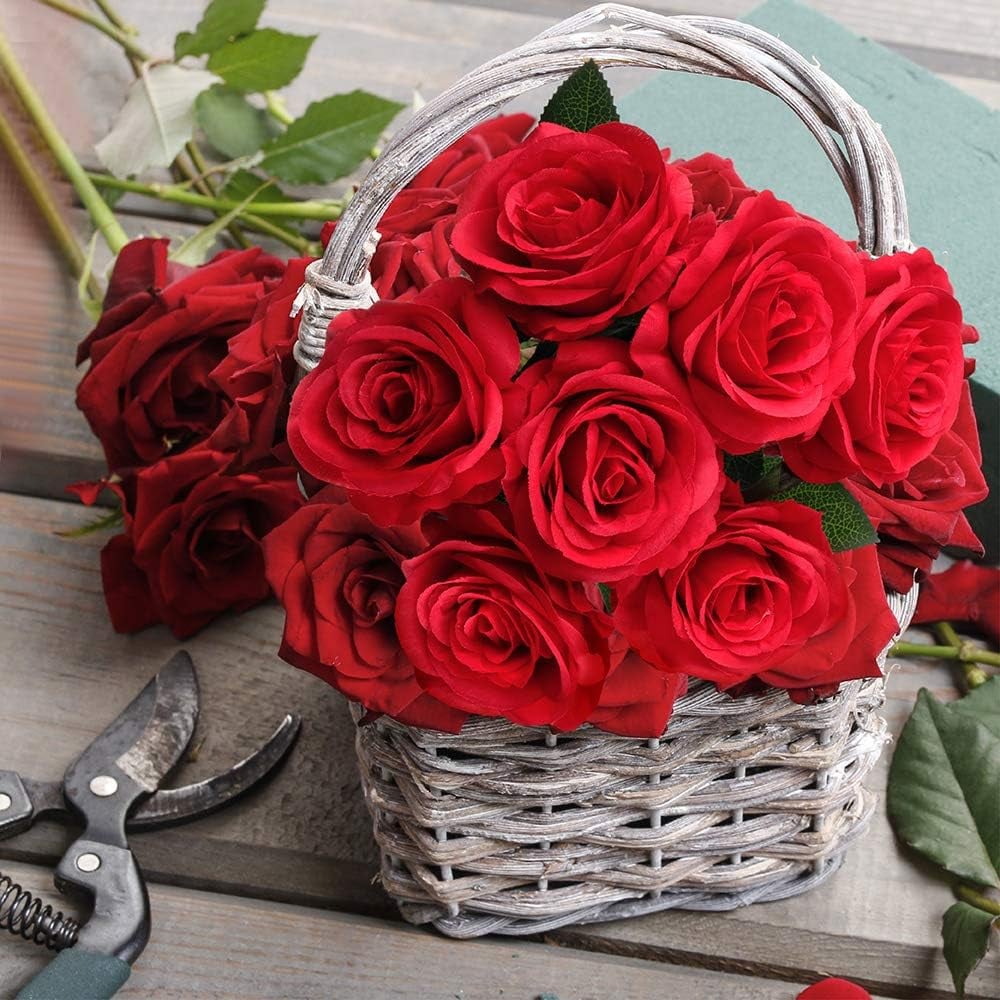 Lot de 12 DE fleurs de Roses Rouges Artificielles – Roses en Soie Tige Unique Réaliste