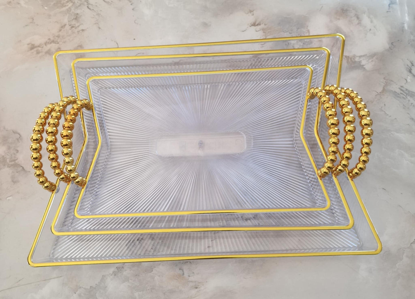 Lot de 3 Plateaux Transparents avec Manches en Perles Dorées