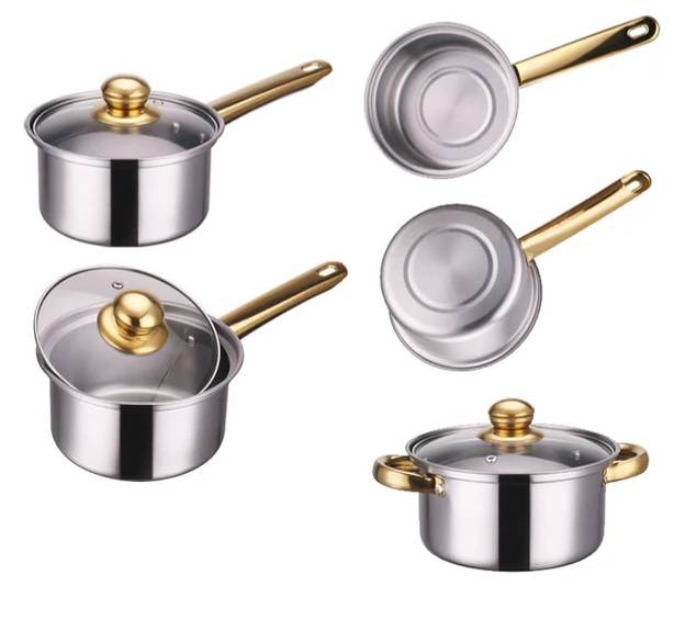 Batterie de cuisine antiadhésive en acier inoxydable (12 pièces) avec poignées dorées
