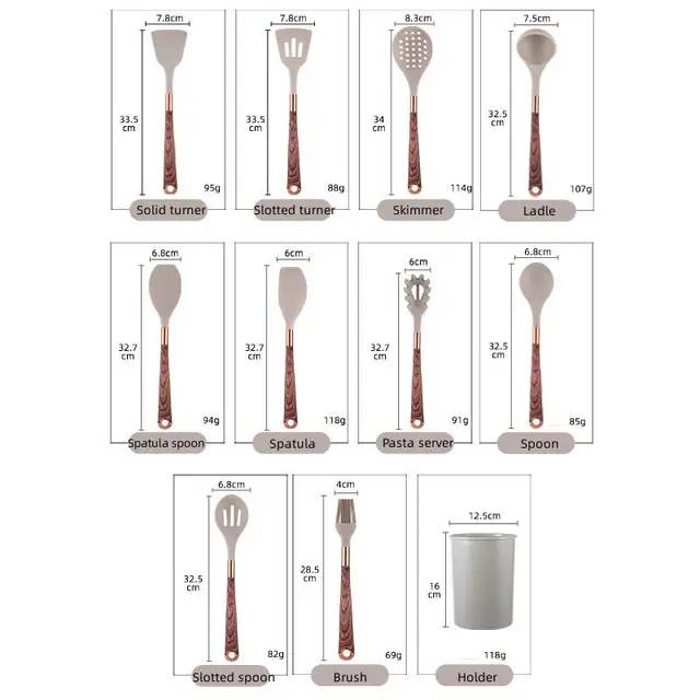 Ensemble d'Ustensiles en Silicone Sans BPA avec Manche en Bois – 10 Pièces avec Pot de Rangement