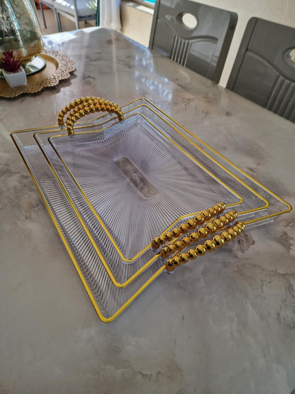 Lot de 3 Plateaux Transparents avec Manches en Perles Dorées
