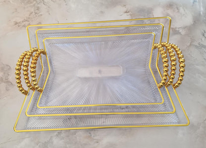 Lot de 3 Plateaux Transparents avec Manches en Perles Dorées