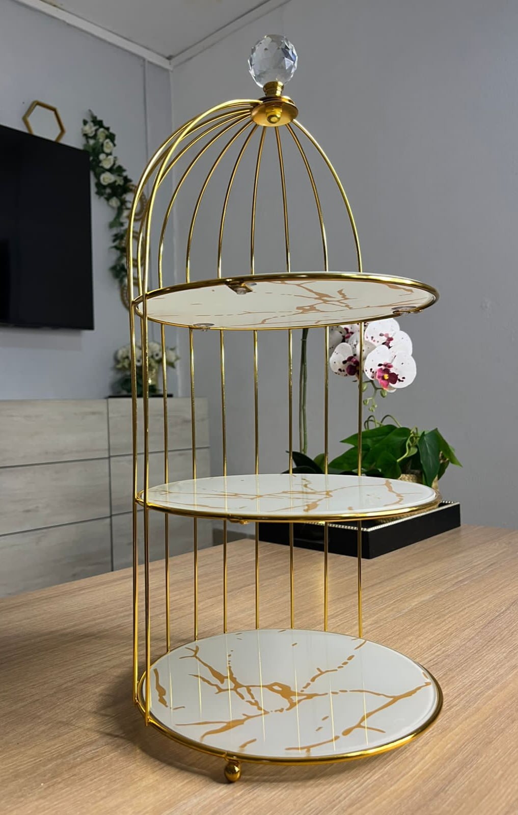 Support de Rangement en Fer et Marbre – Organisateur Antique en Forme de Cage à Oiseaux, Finition Or