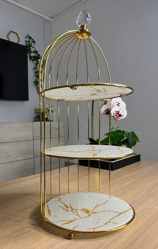 Support de Rangement en Fer et Marbre – Organisateur Antique en Forme de Cage à Oiseaux, Finition Or