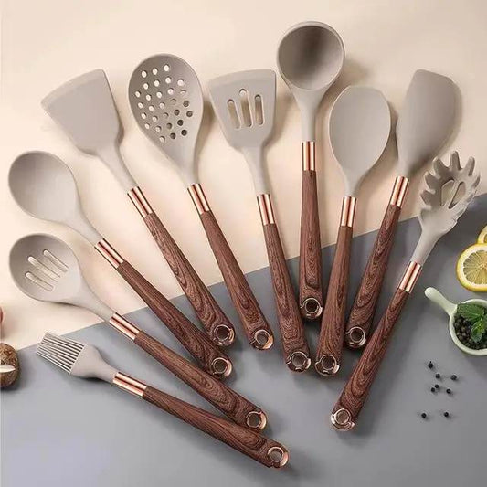 Ensemble d'Ustensiles en Silicone Sans BPA avec Manche en Bois – 10 Pièces avec Pot de Rangement