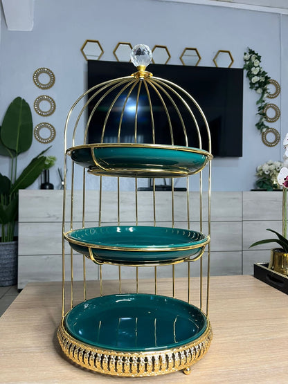 Présentoir à Dessert en Forme de Cage à Oiseaux à 3 Niveaux – Couleur Or avec Plateaux en Céramique Vert Émeraude