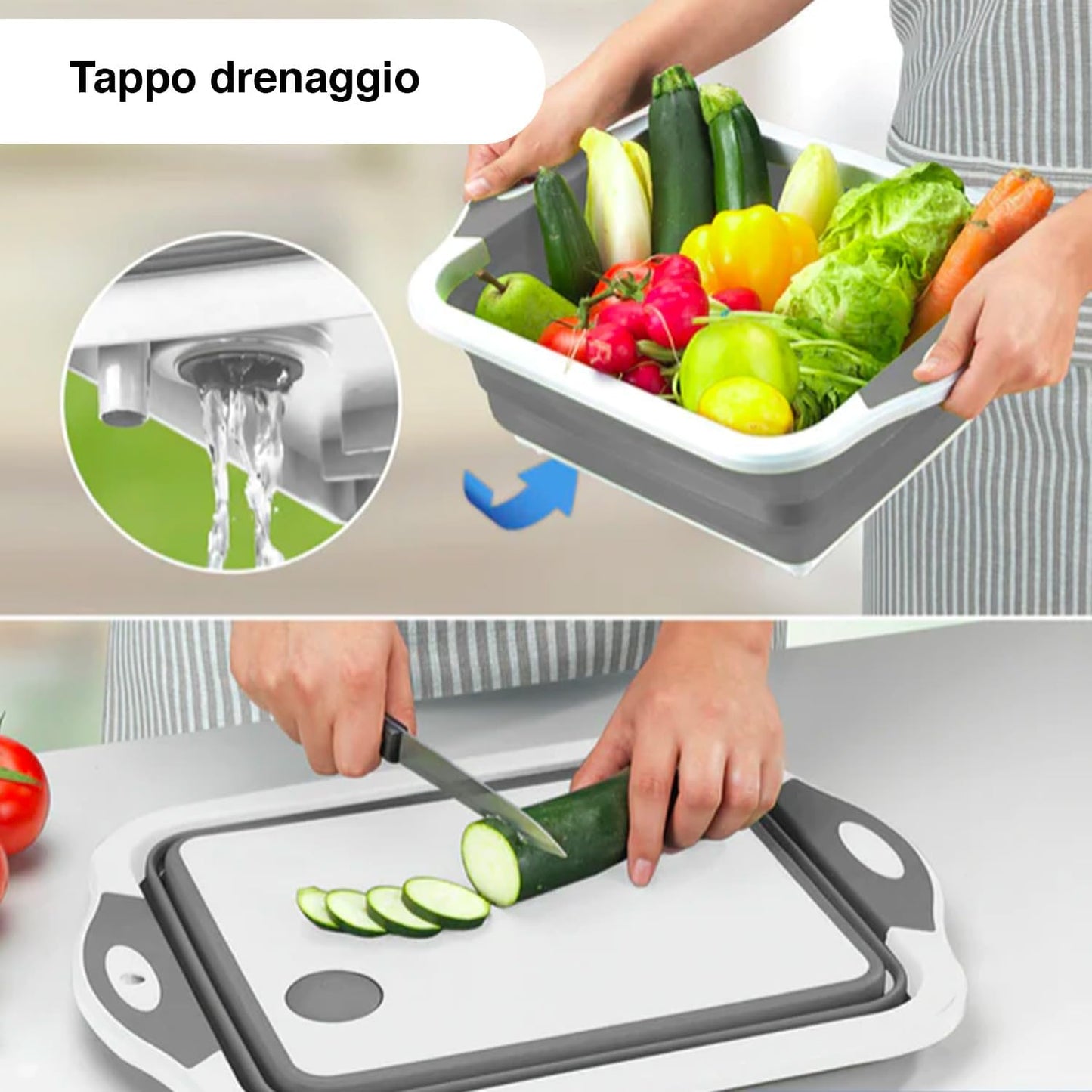 Planche à Découper Pliable 3 en 1 Multifonction – Égouttoir et Rangement Pratique