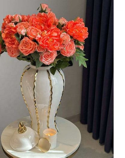 Vase Décoratif en Céramique Blanc & Or – Style Luxe