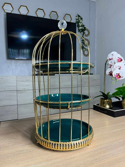 Présentoir à Dessert en Forme de Cage à Oiseaux à 3 Niveaux – Couleur Or avec Plateaux en Céramique Vert Émeraude