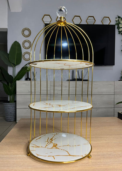 Support de Rangement en Fer et Marbre – Organisateur Antique en Forme de Cage à Oiseaux, Finition Or