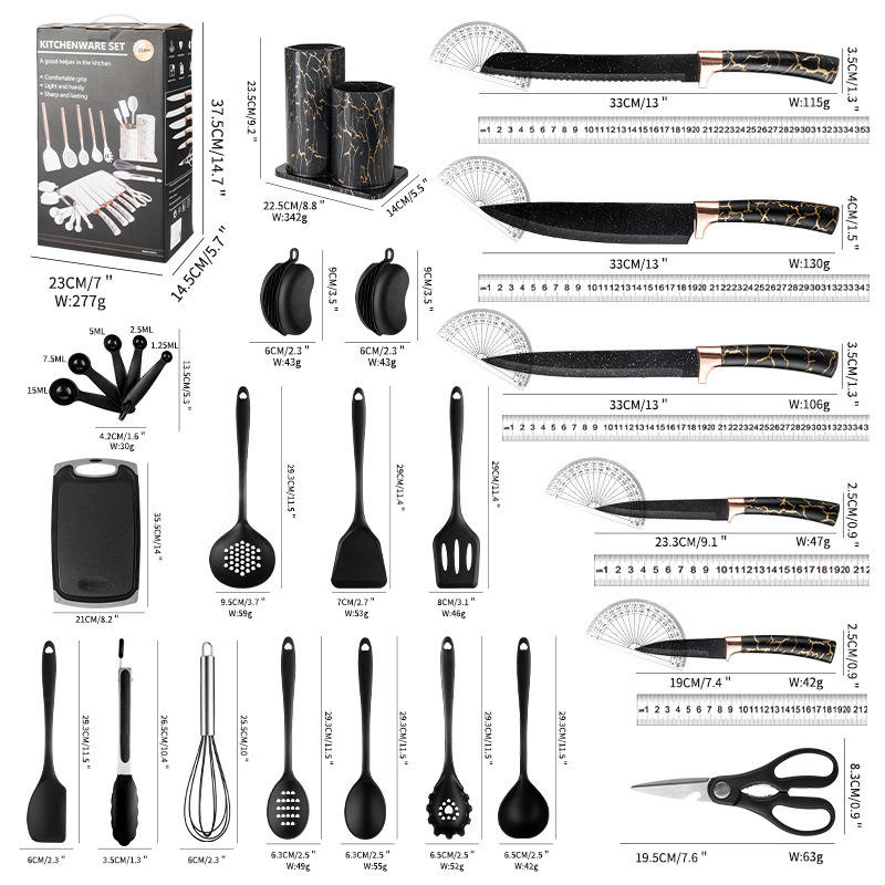 Set complet d’ustensiles et couteaux de cuisine – Design marbré élégant