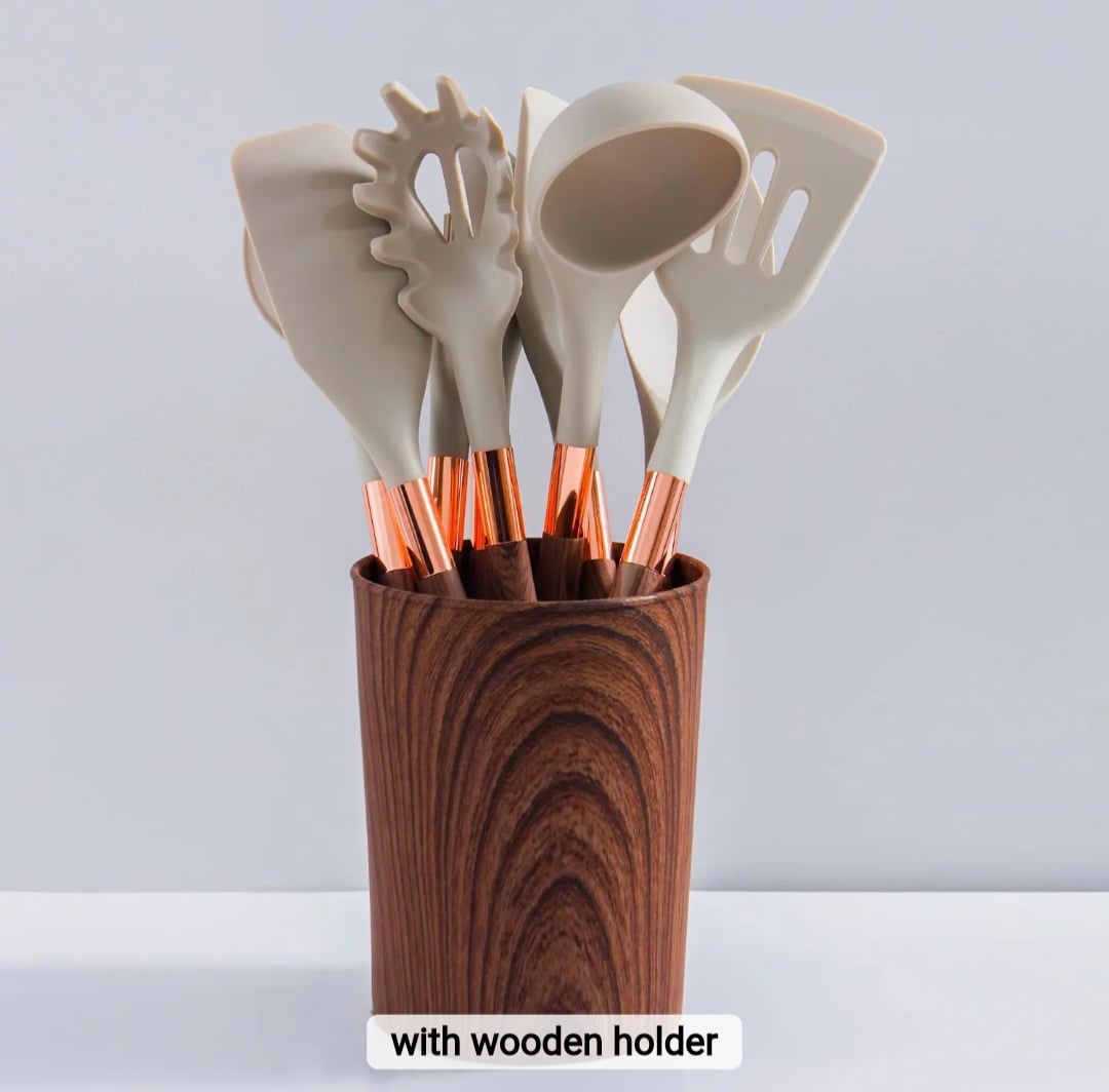 Ensemble d'Ustensiles en Silicone Sans BPA avec Manche en Bois – 10 Pièces avec Pot de Rangement