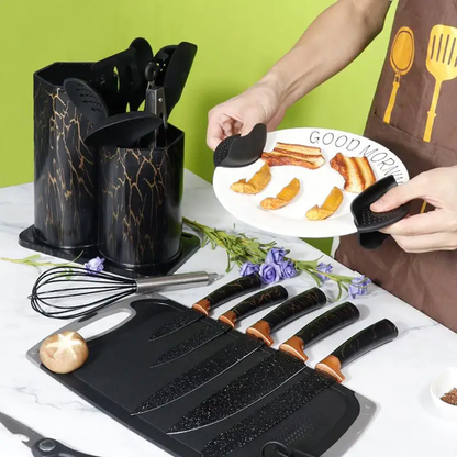 Set complet d’ustensiles et couteaux de cuisine – Design marbré élégant