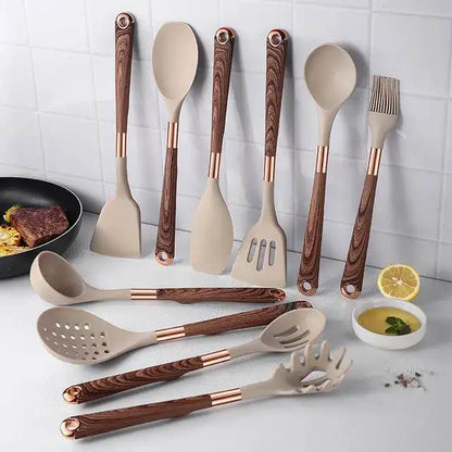 Ensemble d'Ustensiles en Silicone Sans BPA avec Manche en Bois – 10 Pièces avec Pot de Rangement