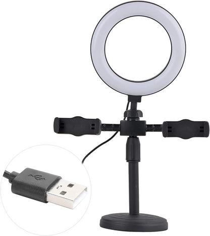 Anneau Lumineux LED 6 Pouces – Support de Bureau avec 2 Clips pour Téléphone, 3 Modes d'Éclairage et 9 Niveaux de Luminosité, Idéal pour Selfies et Vidéos