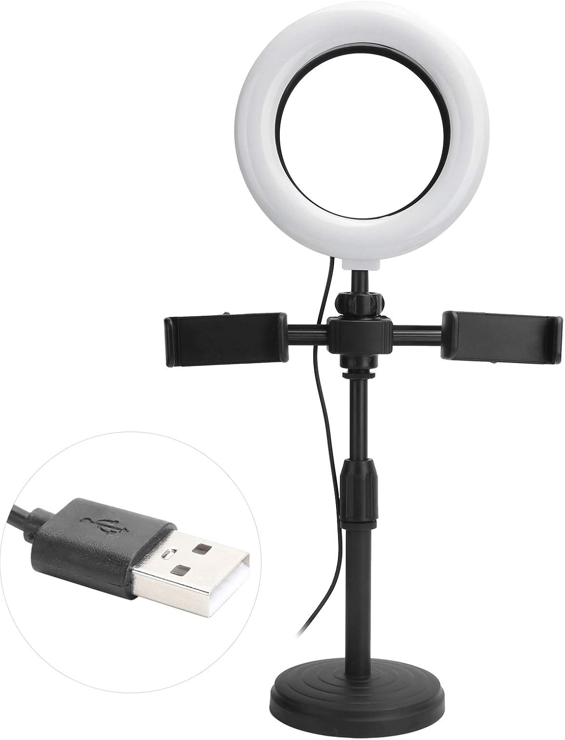 Anneau Lumineux LED 6 Pouces – Support de Bureau avec 2 Clips pour Téléphone, 3 Modes d'Éclairage et 9 Niveaux de Luminosité, Idéal pour Selfies et Vidéos
