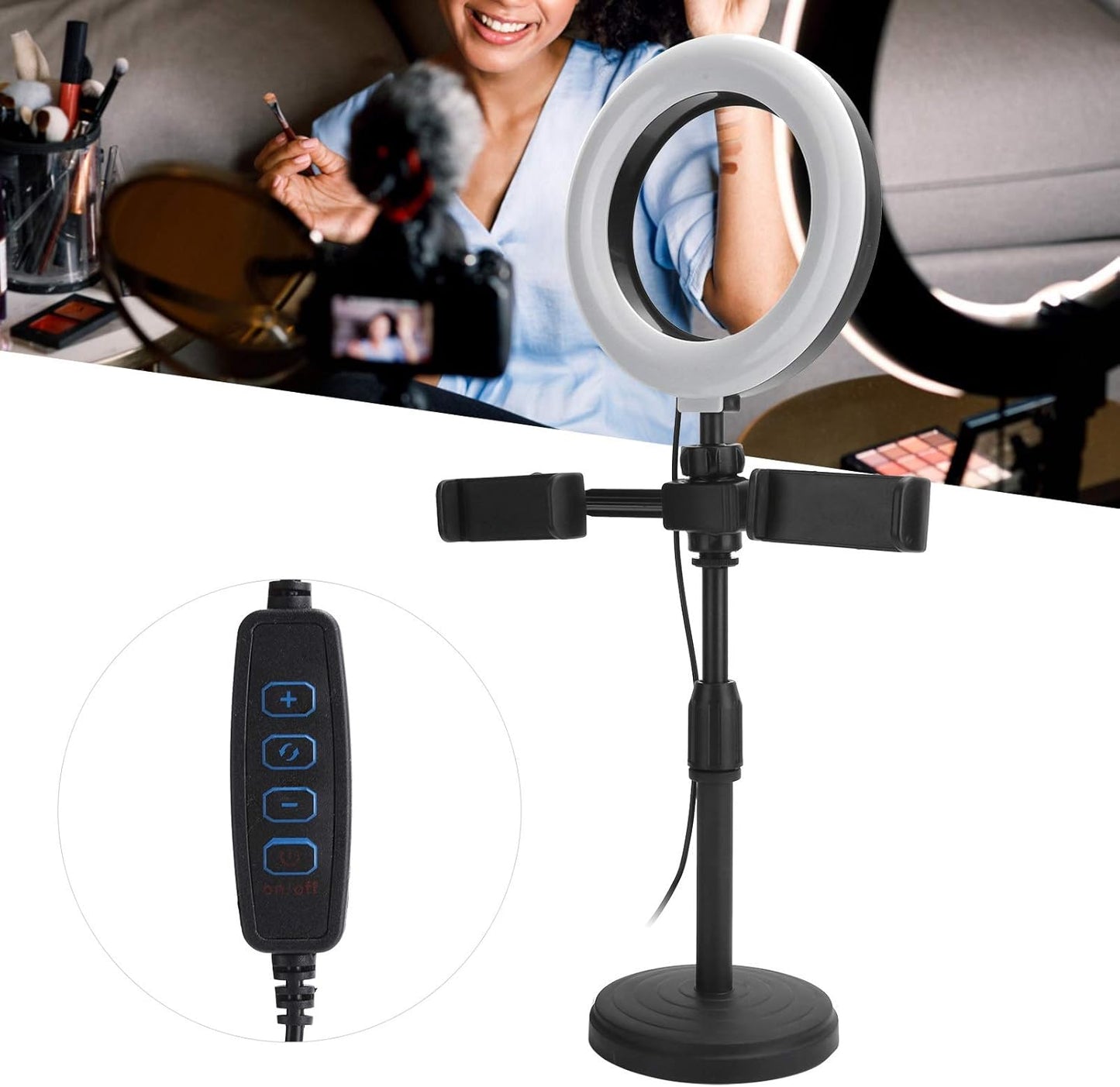 Anneau Lumineux LED 6 Pouces – Support de Bureau avec 2 Clips pour Téléphone, 3 Modes d'Éclairage et 9 Niveaux de Luminosité, Idéal pour Selfies et Vidéos