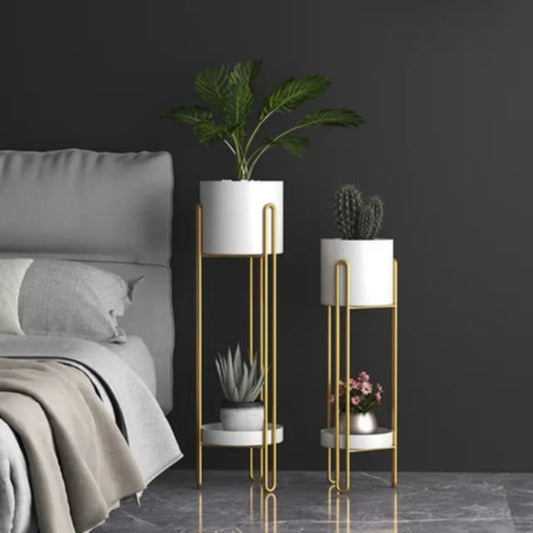 Lot de 2 Pots de Fleurs Surélévés avec Support en Métal Doré