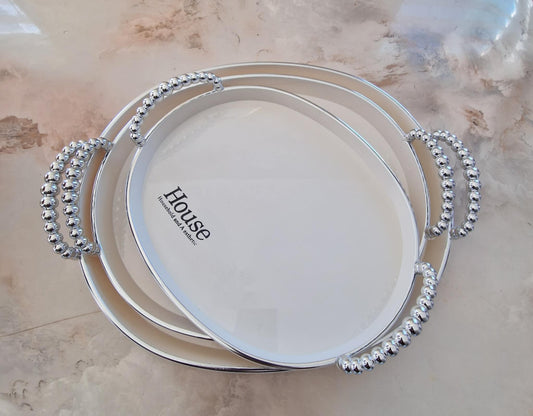 Lot de 3 Plateaux Blancs avec Manches en Perles Argentées