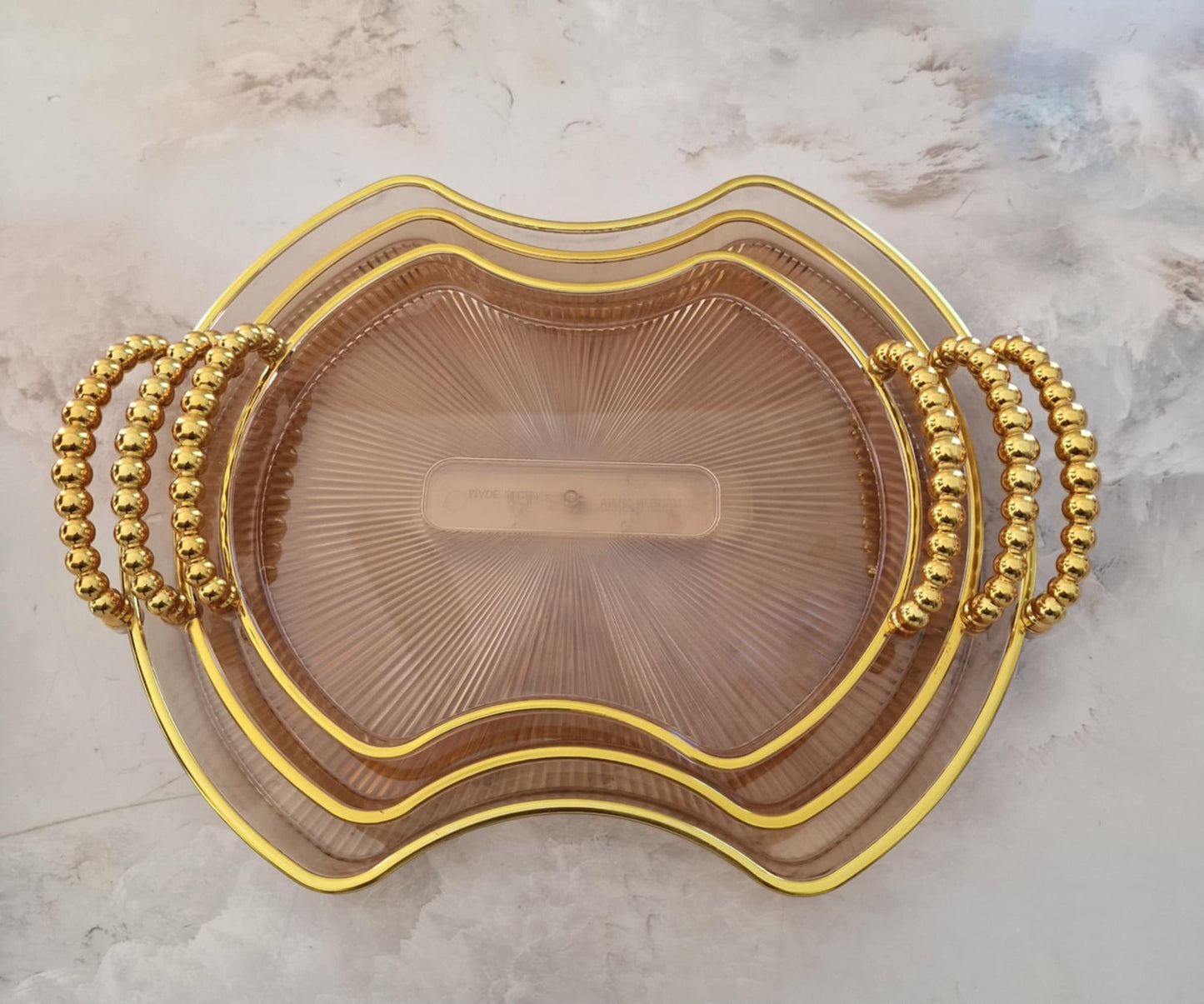 Lot de 3 Plateaux Transparents Marron avec Manches en Perles Dorées