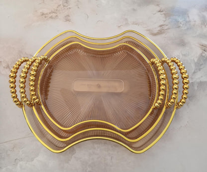 Lot de 3 Plateaux Transparents Marron avec Manches en Perles Dorées