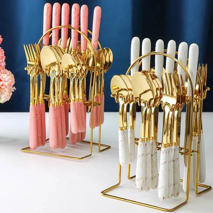 Couverts 24 Pièces avec Manche en Céramique Marbrée – Finition Or Mat en Acier Inoxydable