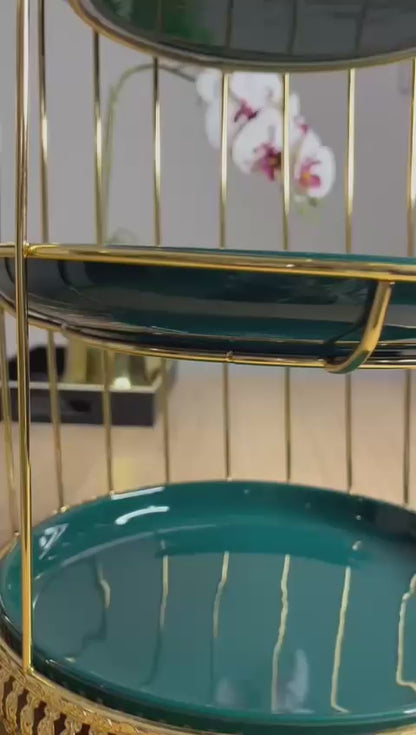 Présentoir à Dessert en Forme de Cage à Oiseaux à 3 Niveaux – Couleur Or avec Plateaux en Céramique Vert Émeraude